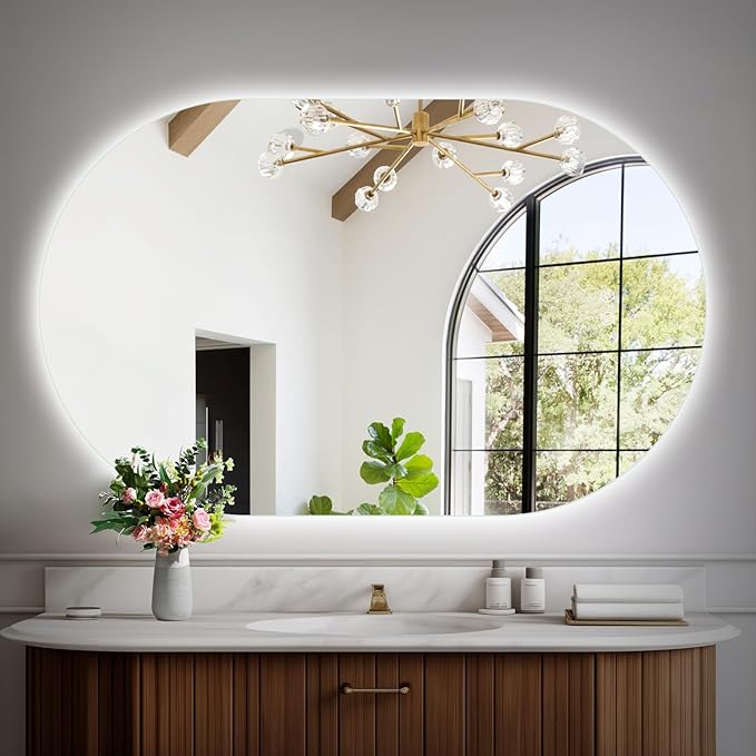 Niccy Oval LED Bathroom Vanity Mirror, 48x30inch Frameless Backlit Mirror with Light, Smart Anti-Fog Waterproof Mirror with Memory Function Dimmable Lighted Mirror