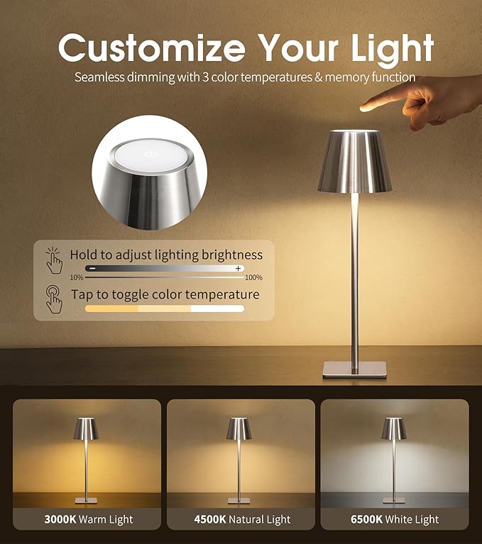 UME Cordless Table Lamp, Battery Operated Lamp - Portable Waterproof Rechargeable Table Lamp w/ 3 Color Temps & Stepless Dimming for Dinner, Desk, Cafe, Outdoor (Brushed Silver)