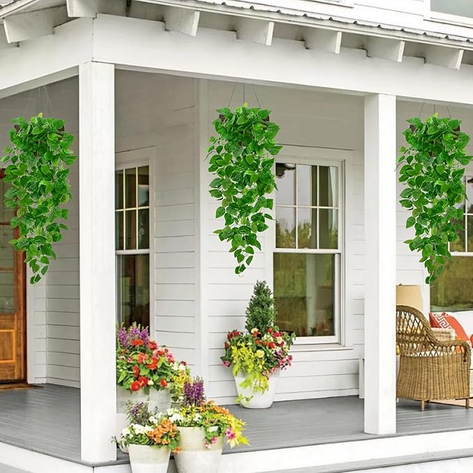 BLEUM CADE 2Pcs Fake Hanging Plants, 9 Branch Artificial Hanging Plant, Lush Faux Pothos Vines for Home Room Wall Shelf Porch Outdoor Indoor Decor (No Baskets)