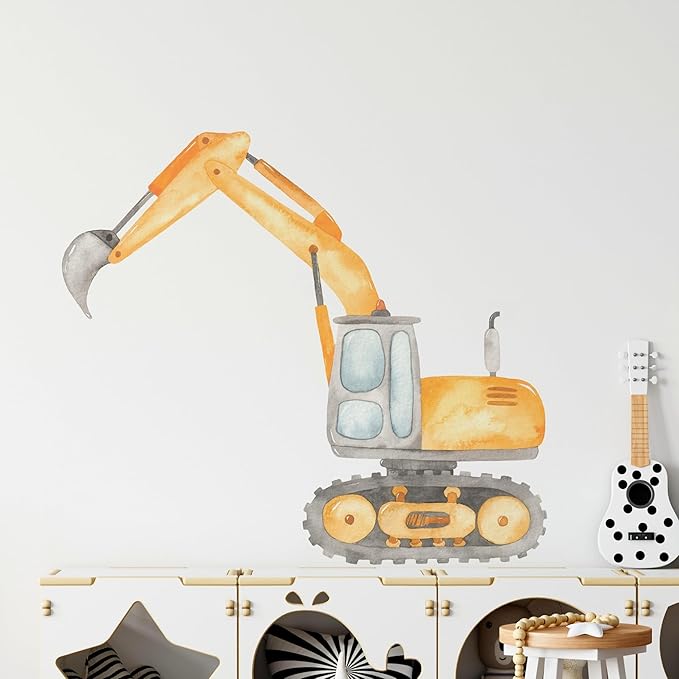 Construction Excavator Wall Decal for Boys Room, Construction Eqipment Peel Stick Removable Fabric Wall Sticker, Nursery or Playroom Decor, Repositionable (16 inch: 14" Tall x 16" Wide)