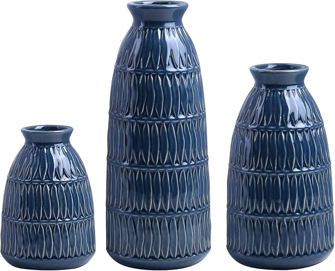 Yundu Navy Blue Ceramic Flower Vases for Home Decor Set of 3, Living Room Décor, Modern Farmhouse and Neutral Home Décor, Pmpas Grass Vase, Shelf, Mantle, Centerpieces Minimalist Décor