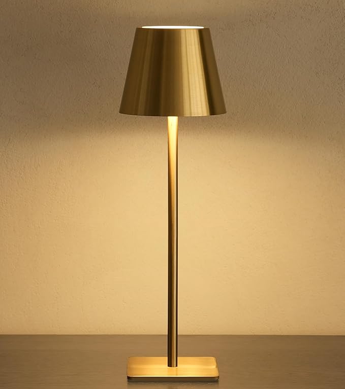 UME Cordless Table Lamp, Battery Operated Lamp - Portable Waterproof Rechargeable Table Lamp w/ 3 Color Temps & Stepless Dimming for Dinner, Desk, Cafe, Outdoor (Brushed Gold)