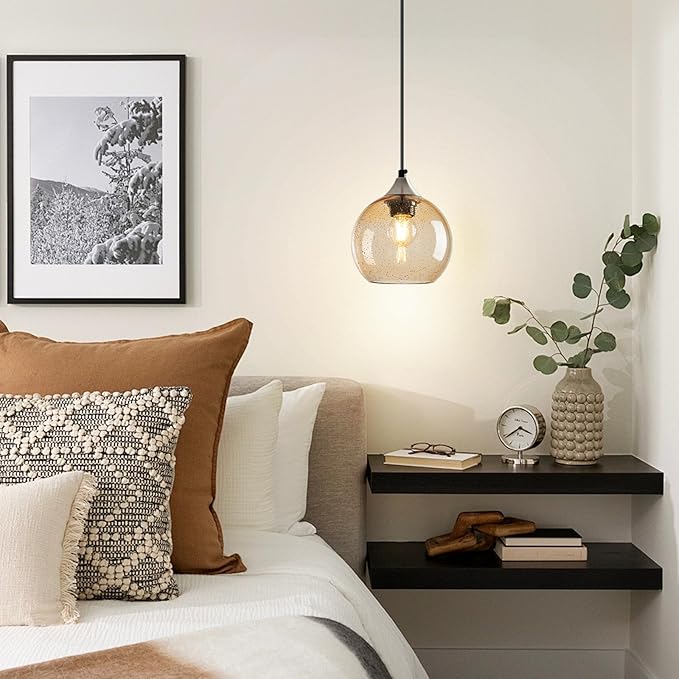 Light Brown Glass Pendant Lights Kitchen Island Globe Pendant Light Fixtures Modern Pendant Lighting for Bedroom Living Dining Room Light Fixture (5.9 in, 2 Pack)