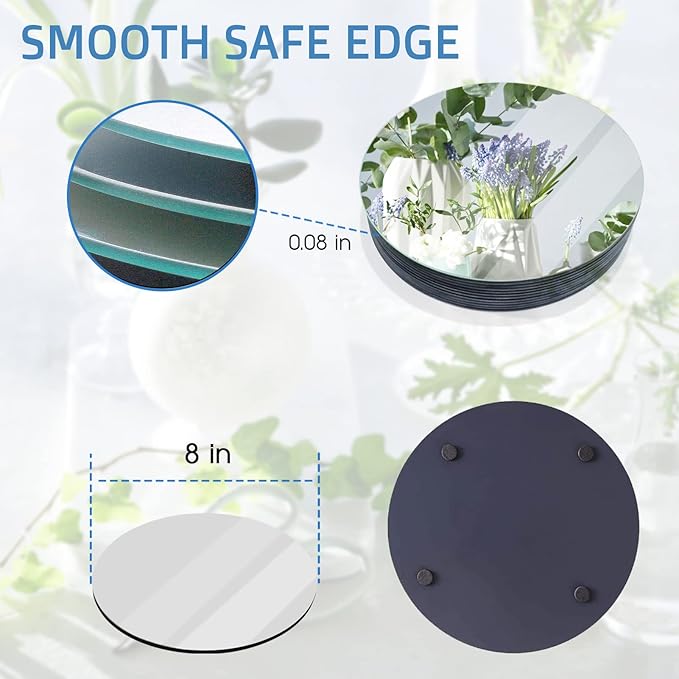 VASUHOME 8" Round Mirror Plates, Glass Circle Mirror Centerpieces for Table Centerpieces & Wedding Party Christmas Decorations, Small Round Mirror Set for Wall, Set of 12, 2mm