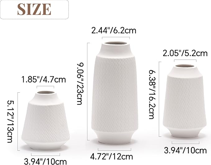 Ceramic Vase Set of 3, Modern Multicolor Pattern Flower Vases for Home Decor, Office, Centerpieces, Boho Farmhouse Style (White)