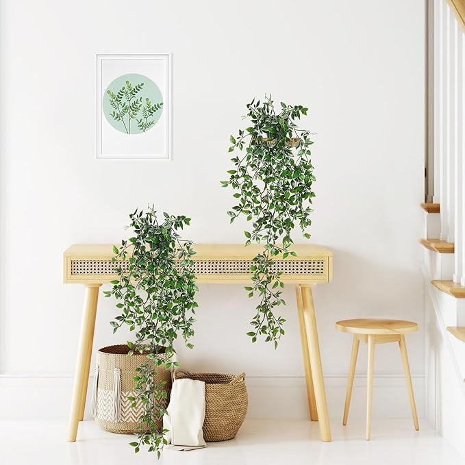 BLEUM CADE Fake Hanging Plants, 2pcs Artificial Hanging Potted Plant, Faux Mandala Vines Hanging Plant Greenery for Wall Shelf Home Living Room Indoor Outdoor Decor