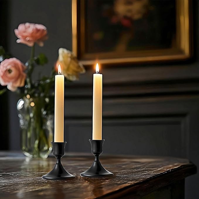 Vintage Black Taper Candle Holders, Set of 2, Metal Taper Candlestick Holder for Dinner Room Table Centerpiece, Wedding Reception, Festive,Mantel Decoration, Home Decor (Black, Set of 2)
