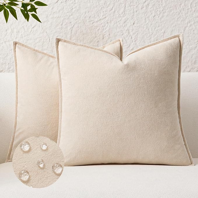 Kevin Textile Waterproof Decorative Pillow Covers Beige 18x18 Inch Pack of 2 Soft Boucle Textured Throw Pillowcases Elegant Accent Pillows for Couch Sofa Chair Bed Home Decor Indoor Outdoor