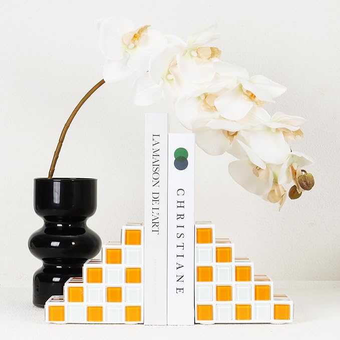 Decorative Bookends for Shelves - Stair Book Ends for Heavy Books - Unique Book Stopper & Holder for Shelves - Modern Home Decor Aesthetic Bookshelf Decor (Orange & White)