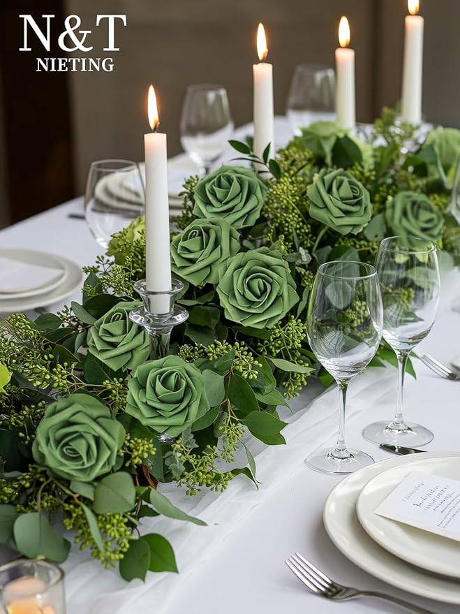 N&T NIETING Artificial Flowers Roses Army Green Foam Rose 50pcs Fake Flowers with Stem for DIY Wedding Bouquets Centerpieces Bridal Baby Shower Party Home Shower Arrangement Decoration