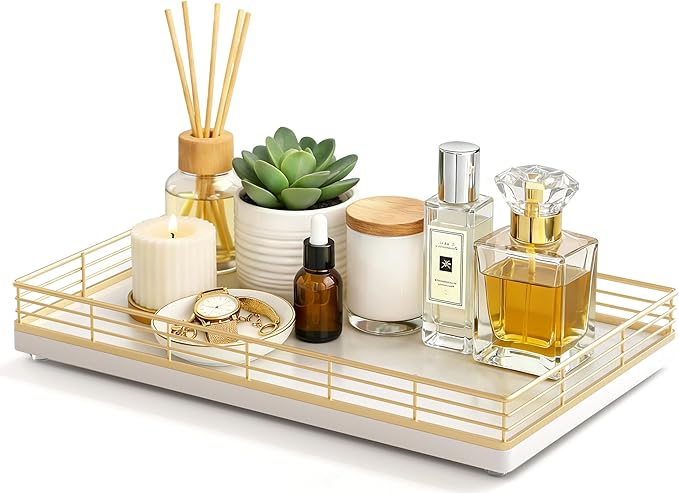 Large Bathroom Vanity Tray – 13" x 8" Oak Decorative Wooden Tray for Bathroom Countertop & Vanity Organizer, Wood Tray for Perfume, Skincare & Accessories Storage, Vanity Dresser Decor Gold & White