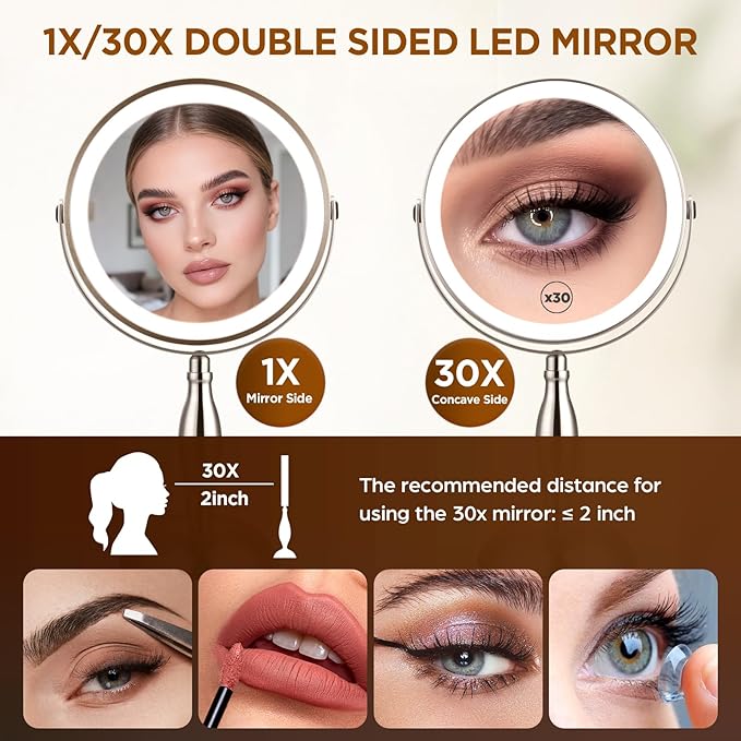 Makeup Mirror with Light, 30x Magnifying Mirror with 3 Lights Colors, 5000mAh Vanity Mirror Brushed Nickel - 360° Rotation, Brightness Adjustable Magnification, Modern Style Side Touch + Side Charge