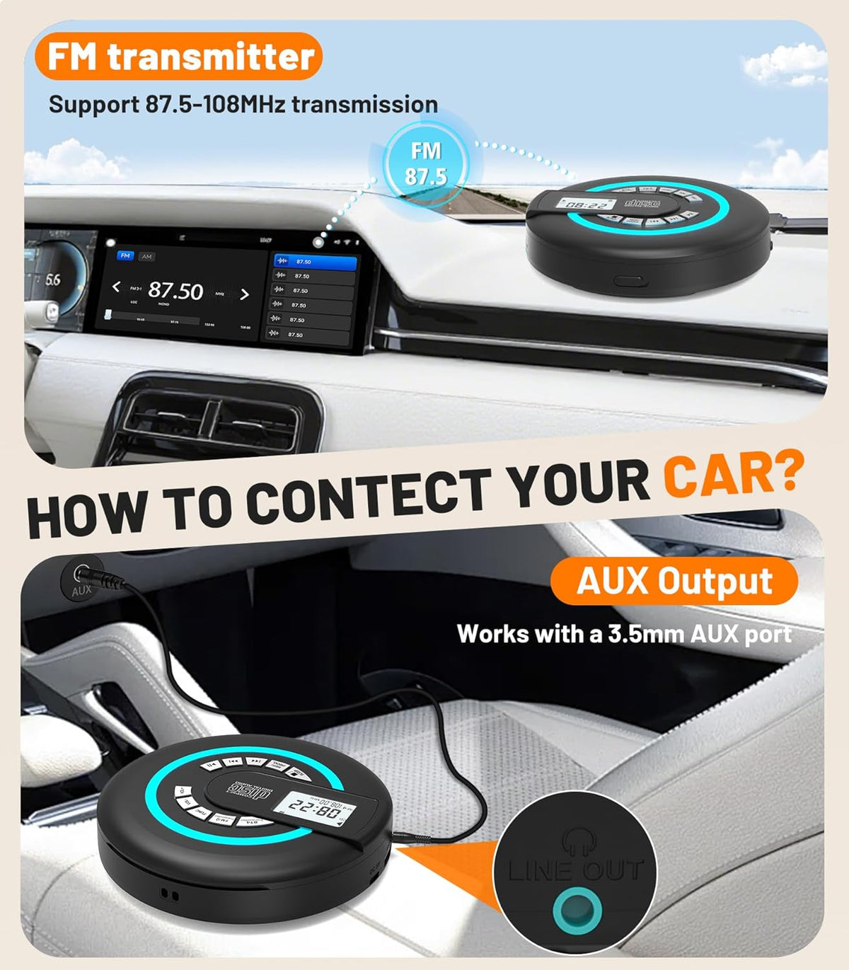 Greadio Discman Portable CD Player with Speaker Bluetooth for Car with FM Transmitter Rechargeable Lightweight