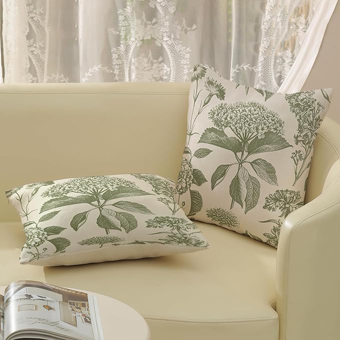 Sage Green Pillow Covers 22x22 Set of 2 Boho Floral Hydrangea Herbs Botanical Throw Pillow Cover Outdoor Decoration Pillow Cases Vintage Flower Linen Cushion Case Decorative for Couch Sofa