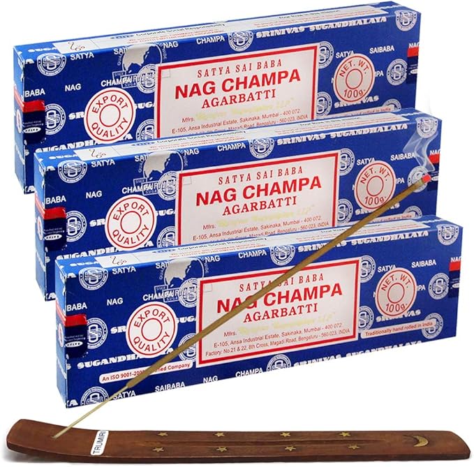 TRUMIRI Incense Stick Holder Bundle with Satya Sai Baba Nagchampa 100g Incense Sticks - Pack of 3 (Approx 300 Sticks)