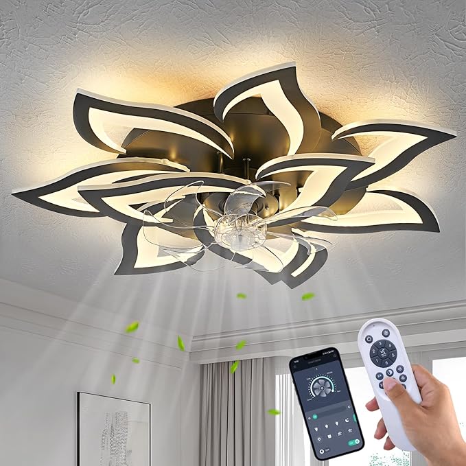 HuixuTe 32" Modern Geometric Ceiling Fan with Lights Remote Control, Black 6 Speeds 3 Colors Low Profile Ceiling Fan with Light for Living Room