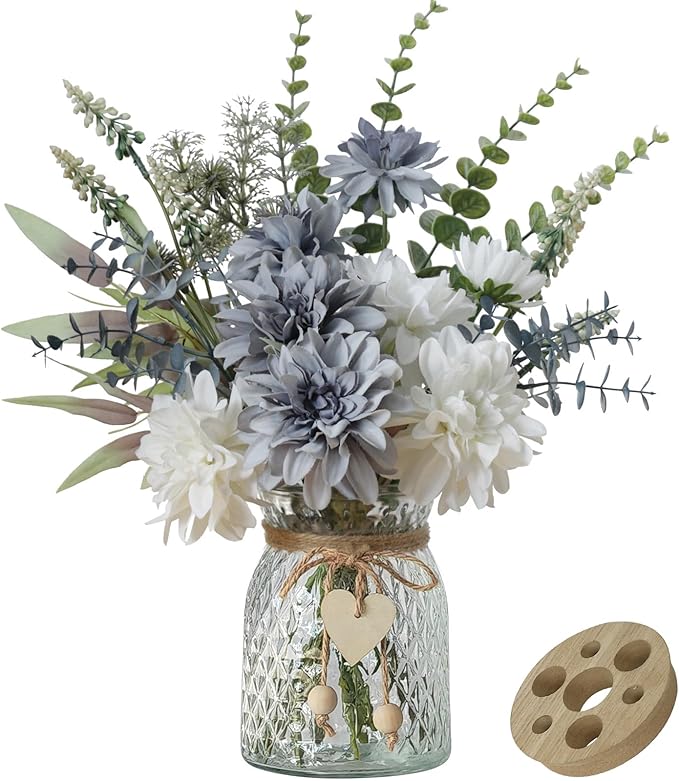 Leftover Fake Flowers with Vase,Silk Dahlia Flowers,Artificial Flowers in Vase,Centerpiece Table Decorations,Flower Centerpieces for Tables,Kitchen Table Decor,Coffee Table Decor