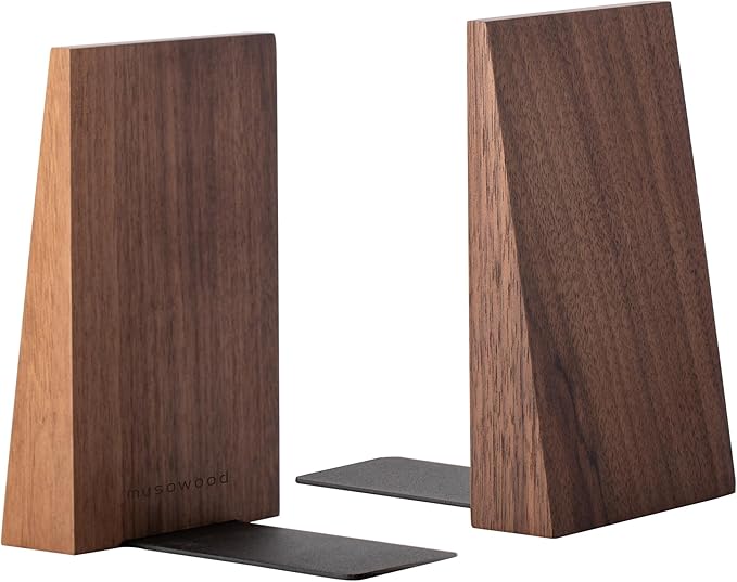 Muso Wood Thickened Wooden Bookends for Heavy Books, Creative Decorative Non-Skid Handmade Walnut Wood Ends for Shelves