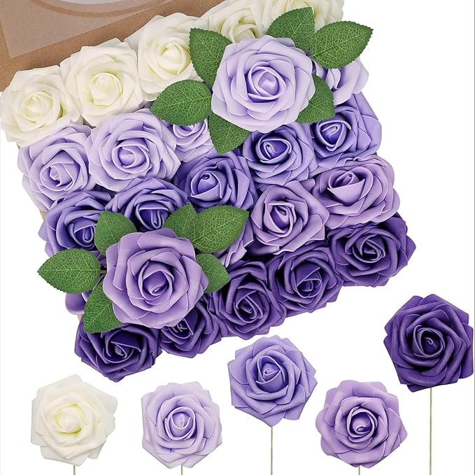 N&T NIETING Artificial Flowers 50Pcs Fake Foam Rose Purple Flowers with Stems Lavender for DIY Wedding Bridesmaid Bridal Bouquets Centerpieces Party Home Decoration(Series Purple)