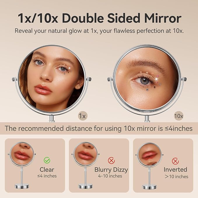 Nicesail 19 Inch Tall Makeup Mirror with 10X Magnification, Make up Mirror 8 Inch Double-Sided, Table Mirror with Pedestal for Shaving, Standing Mirror Height Adjustable Chrome Finish (8 Inch, 10X)