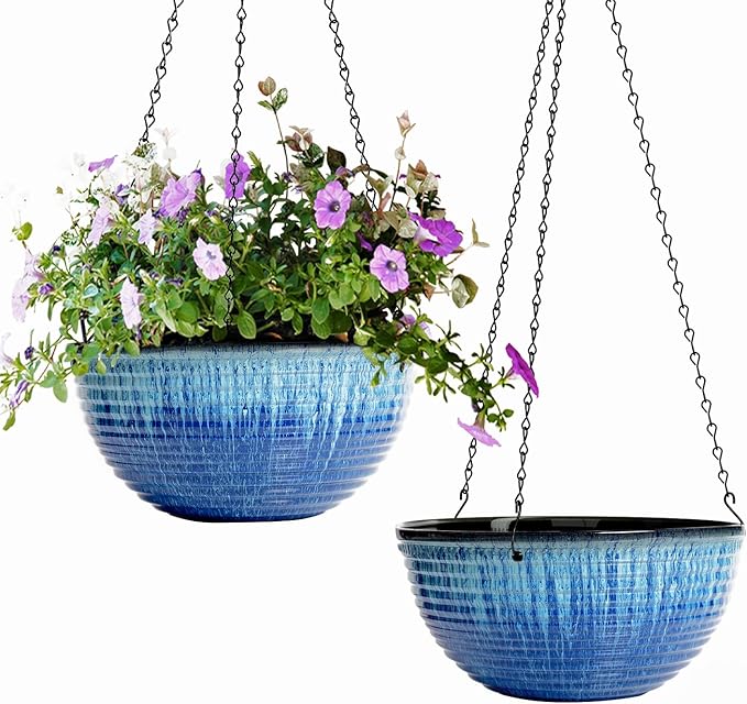 2 Pack Hanging Planters for Indoor Outdoor Plants, 10 Inch Hanging Planter with Drainage Hole & Plug Glazed Hanging Baskets Flower Pots for Garden Home (Blue Flow Glaze)