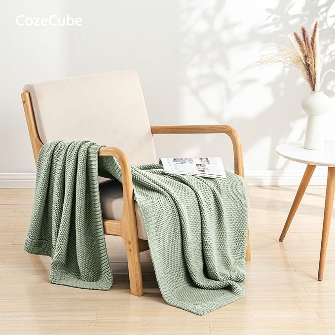 CozeCube Sage Green Throw Blanket for Couch, Soft Cozy Cable Knit Throw for Bed Sofa Living Room, Lightweight Warm Decorative Farmhouse Christmas Blanket, 50"x60", Sage Green