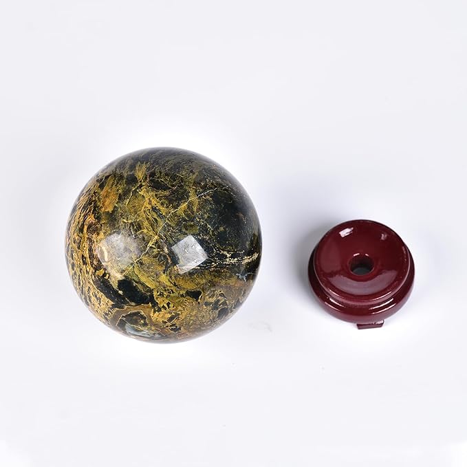 JIC Gem Pietersite Crystal Sphere with Wooden Stand,Decorative Crystal Ball Blues and Golden Browns Gemstone Sphere for Meditation,Feng Shui,Witch-Style Decor,Office Table Decorations 70-80mm