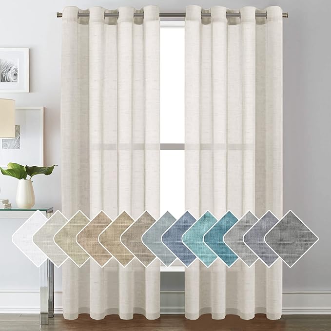 H.VERSAILTEX Natural Linen Sheer Curtains Flax Linen Blended Curtain Panels Living Room, Nickel Grommet Semitransparent Semi-Sheer Soft Privacy Drapes, Natural, 84 inches Long 2 Panels