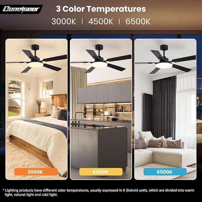 52 Inch Ceiling Fans with Lights and Remote for Bedroom Living Room Kitchen Office, Indoor/Outdoor Use, 5CCT Dimmable, 5 Blades 6 Speed Reversible Quiet DC Motor, Black/Wood Grain, 2 Pack