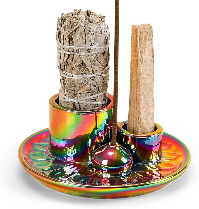 Palo Santo Sticks Holder, Multi-Purpose Handmade Ceramic Incense Burner for Palo Santo Incense Sticks, Sage Holder for Burning, Ash Catcher Tray for Meditation Yoga Room-Colorful
