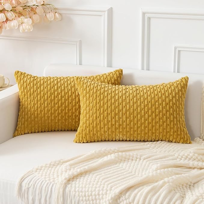 Kevin Textile Throw Pillow Covers Soft Corduroy Decorative Set of 2 Boho Striped Pillow Covers Pillowcases Farmhouse Home Decor for Couch Bed Sofa Living Room 12x20 Inch Mustard Yellow
