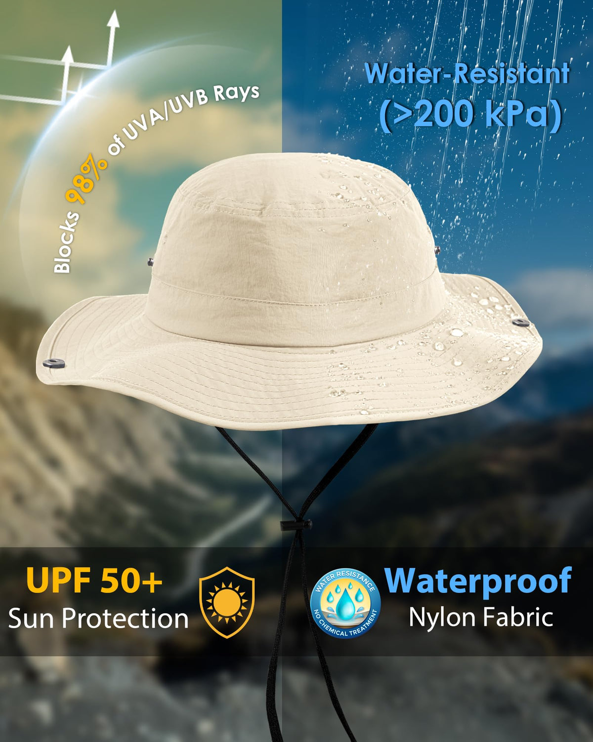 Women’s Sun Hat with Hidden Ponytail Opening, Wide Brim UPF 50+ Waterproof Nylon Bucket Rain Hat with Removable Chin Strap for Outdoor