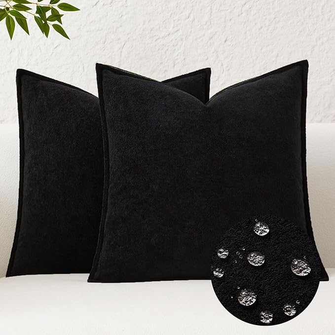 Kevin Textile Waterproof Decorative Pillow Covers Black 26x26 Inch Pack of 2 Soft Boucle Textured Euro Pillowcases Elegant Accent Pillows for Couch Sofa Chair Bed Home Decor Indoor Outdoor