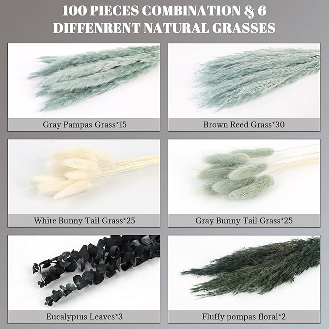 N&T NETING 100Pcs Grey Pampas Grass Decor Natural Dried - Gray Pampas Grass Bunny Tails Eucalyptus Leaves Gray Flowers for Centerpieces Rustic Living Room Home Wedding Boho Modern Decor(17.5 Inch)