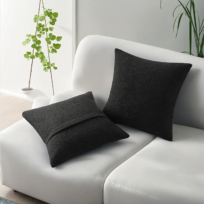 HAUSSY Set of 2 26x26 Decorative Throw Pillow Covers, Soft Cozy Euro Pillow Shams Textured Boucle, Home Decor for Couch Bed Living Room, Black