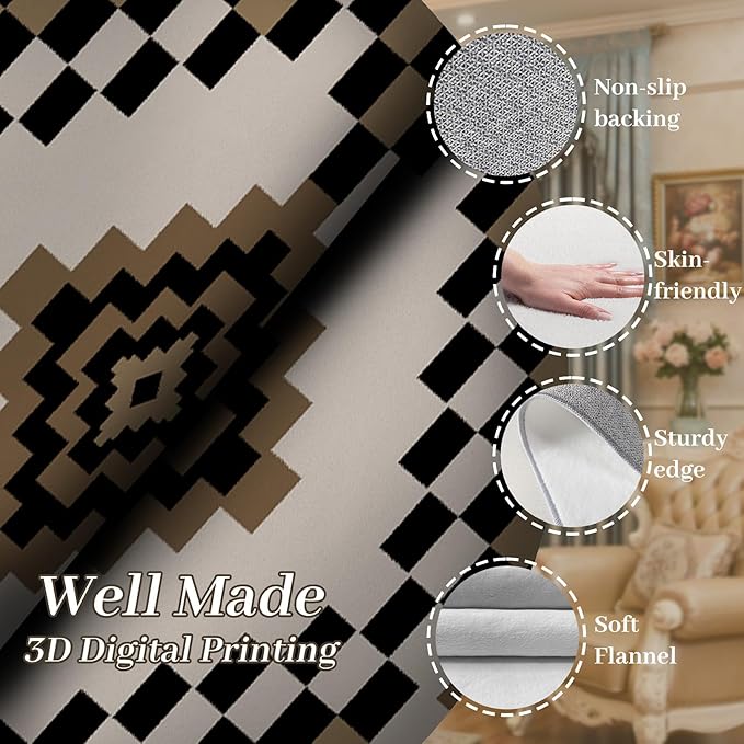 Retro Moroccan Farmhouse Decor Rug Runners for Hallways, 2x8ft, Black Linen Checkered Entryway Carpet, Rubber Backed Low Pile Easy Clean Carpets, Durable Reduce Noise Rugs for Floor