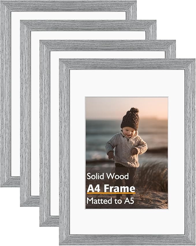 KINLINK A4 Picture Frame, Grey Solid Wood Frames with Acrylic Plexiglass for Pictures A5 with Mat or A4 without Mat, Tabletop and Wall Display Photo Frame 4 Pack