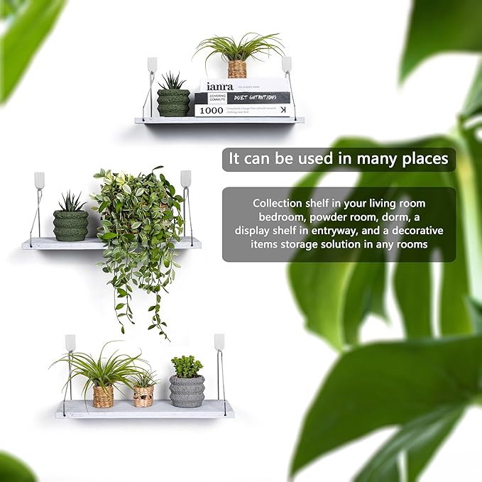 MITIME Floating Shelves Set of 3 Rustic Solid Wood Floating Shelf Wall Storage Shelves for Living Room, Bedroom, Bathroom, Kitchen Laundry, Office,no Drill Shelf(Grey and White Colour L+L+L)