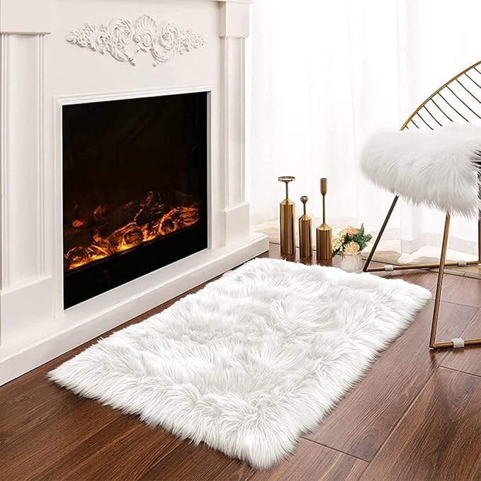 Latepis White Sheepskin Rug 2x3 Faux Fur Sheepskin Rug for Living Room Fluffy Washable Rugs for Bedroom Luxury Room Decor Furry Rugs Rectangle
