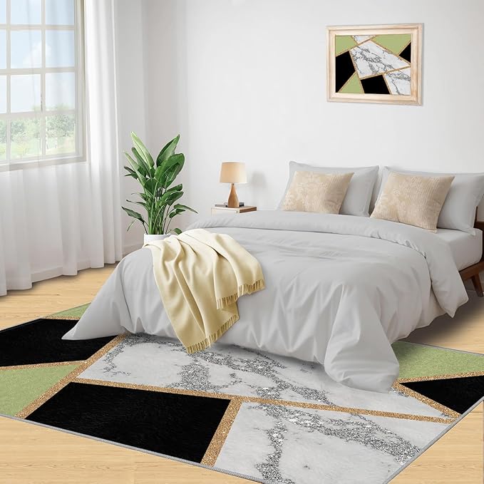 Black Gold Marble Carpet Geometric Marble Rugs for Bedroom Light Luxury Geometric Line Rug Modern Minimalist Indoor Carpet for Living Room Home Decor 5x6ft