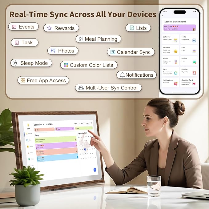 15.6 Inch Digital Calendar Chore Chart with Touchscreen - Full HD Interactive Display, Wall & Desk Mountable Family Planner, to-Do List & Meal Planner, Digital Picture Frame for Gifts for Women Mom