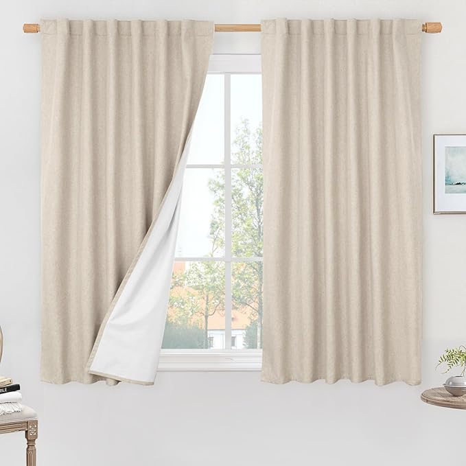 LAMIT Linen Full Blackout Window Curtains for Bedroom, 54 Inches Thermal Farmhouse Curtains Back Tab and Rod Pocket Privacy Protected Burlap Panels with White Liner, 2 Panels, 52 x 54 Inch, Oatmeal