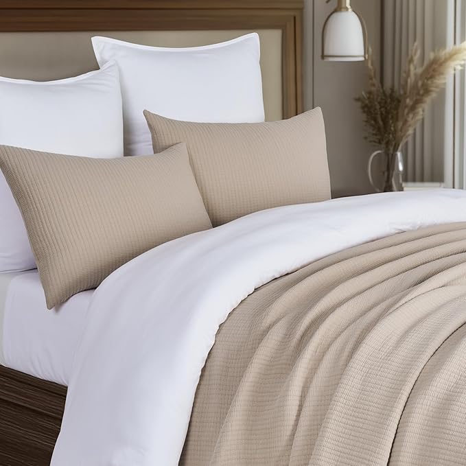 EVERGRACEHOME Cotton Gauze Full Queen Bedspread, Ultra Soft Prewashed Pick Stitch Matelassé Coverlet, Lightweight Textured Oversized Queen Quilt Bedding Set for All Season, with 2 Shams, Tan