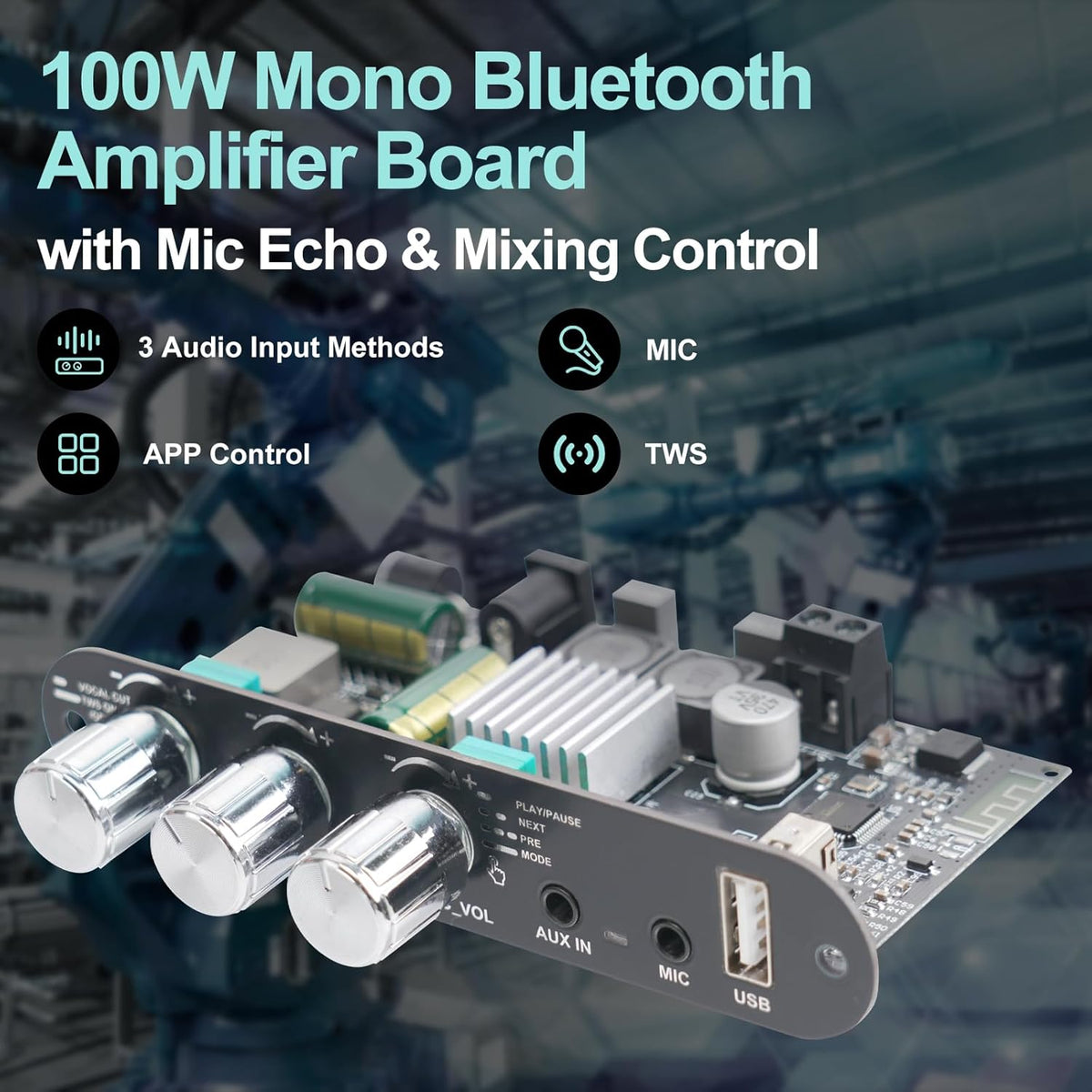 ZK-1001U 100W 9-24V PRO with Mic Input Blue-Tooth Mono Amplifier Board, Echo & EQ, TWS Pairing, USB/AUX, Adjustable Mic