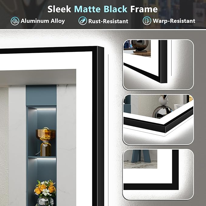 24x30 Black Framed LED Bathroom Mirror with Lights, Backlit + Front Lit, Anti-Fog Lighted Vanity Mirror for Bathroom Wall with 3 Colors, Dimmable, Memory, Tempered Glass, Horizontal/Vertical