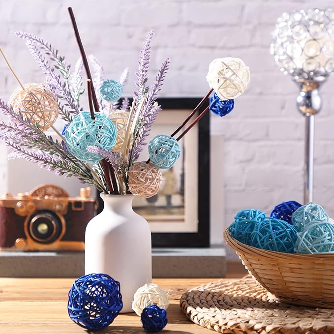 Patelai 36 Pcs Wicker Rattan Balls Decorative Balls for Vase Centerpiece Bowls Orbs Filler for Home Decor,4 Sizes(White, Blue Series)