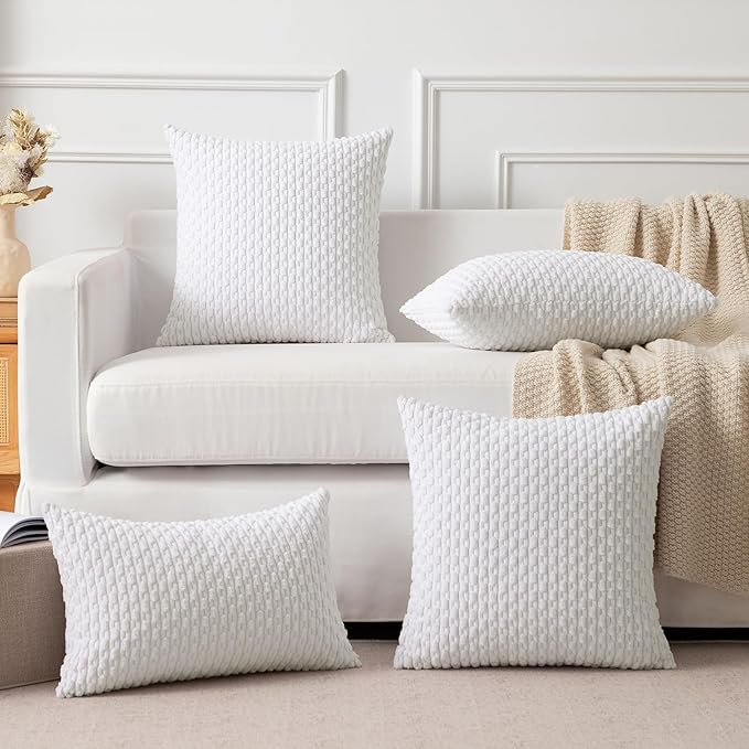 Kevin Textile 2 Packs Pure White Decorative Throw Pillow Covers 26x26 Inch for Living Room Couch Bed Sofa Rustic Farmhouse Boho Home Decor Soft Striped Corduroy Square Cushion Case 66x66 cm