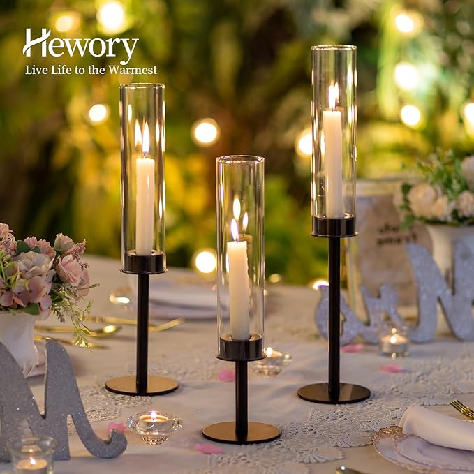 Hewory Black Candlestick Holders Hurricane Candle Holder, 3Pcs Candle Stick Candle Holder Candelabra, Taper Candle Holders with Glass Candle Cover for Wedding Table Centerpiece Christmas Decor