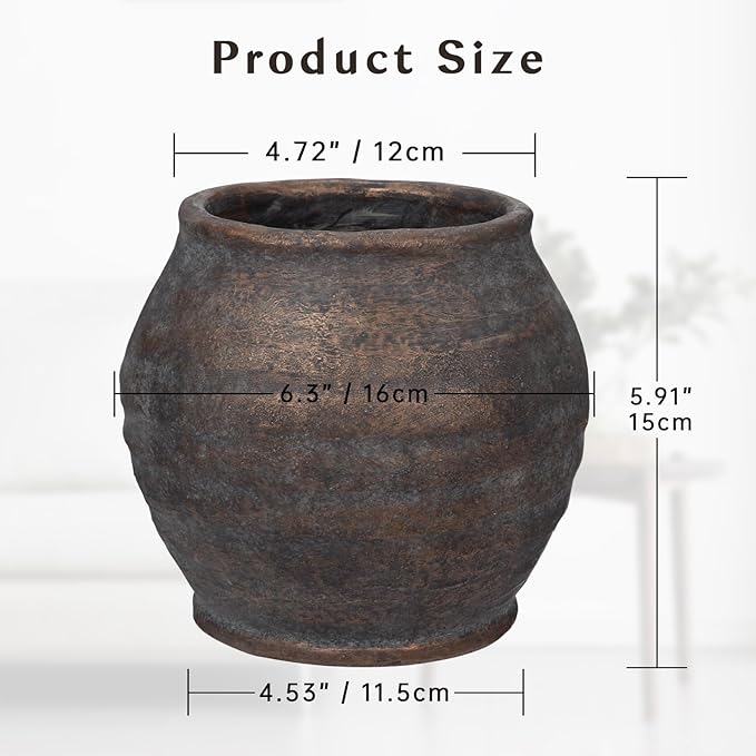 Briful 5.91'' Large Ceramic Rustic Vase Shabby Vintage Textured Vase, 4.72'' Wide Mouth Pampas Jar Vase Pottery for Fake Flowers Branches, Farmhouse Home Décor, Weddings Shelf Table Decor, Brown