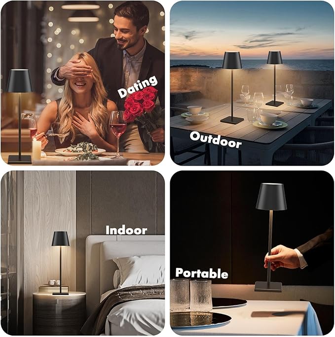 2-Pack LED Cordless Table Lamp, Rechargeable Battery Desk lamp 3W 5500mAh Battery Operated Stepless Dimming Modern Portable Table Light for Restaurant/Dinner/Bedroom/Outdoor IP54 Waterproof (Black)